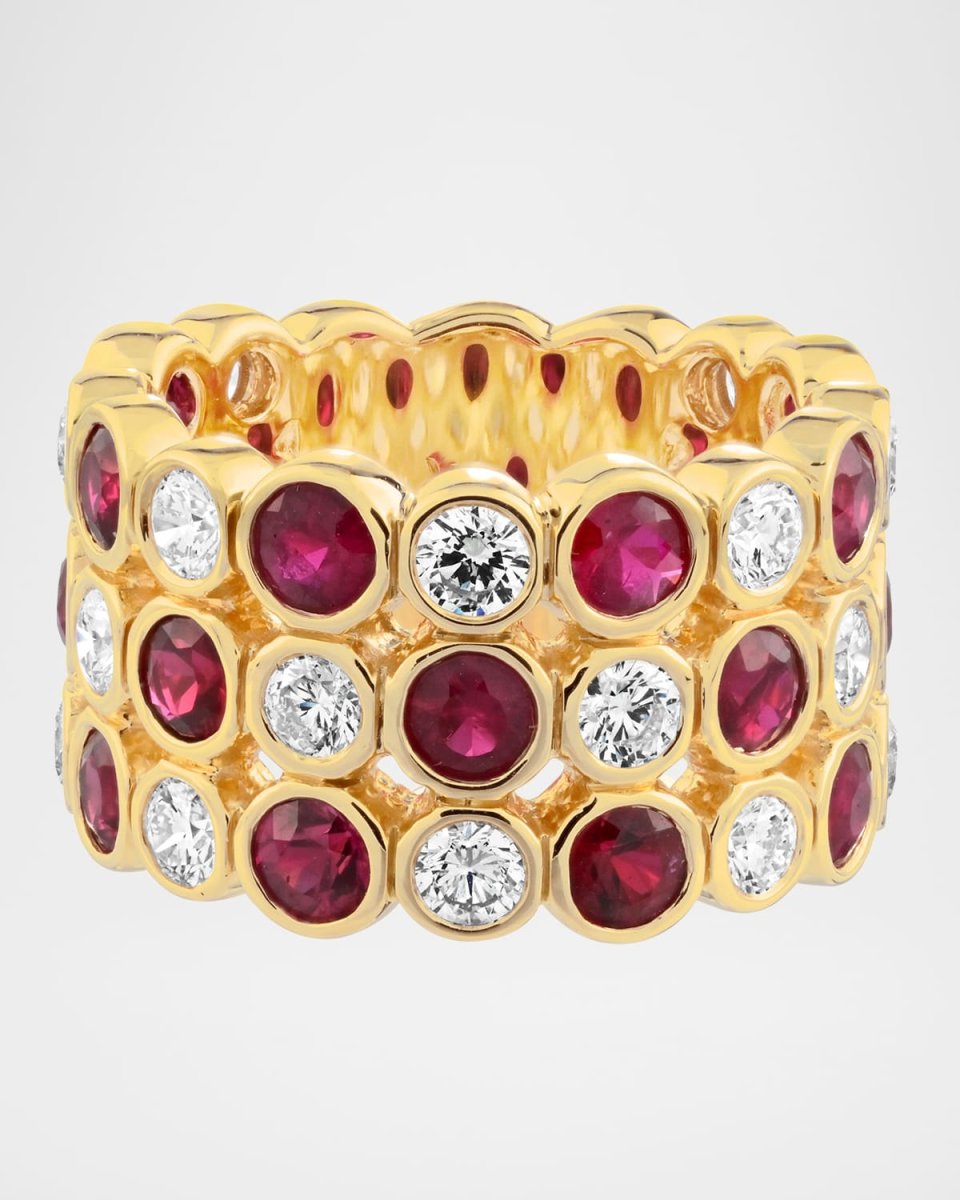 18K Yellow Gold Diamond and Ruby Three-Row Ring, Size